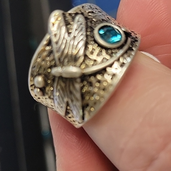 Aquamarine Faux Stone Dragonfly Silver Tone Ring - Picture 1 of 5